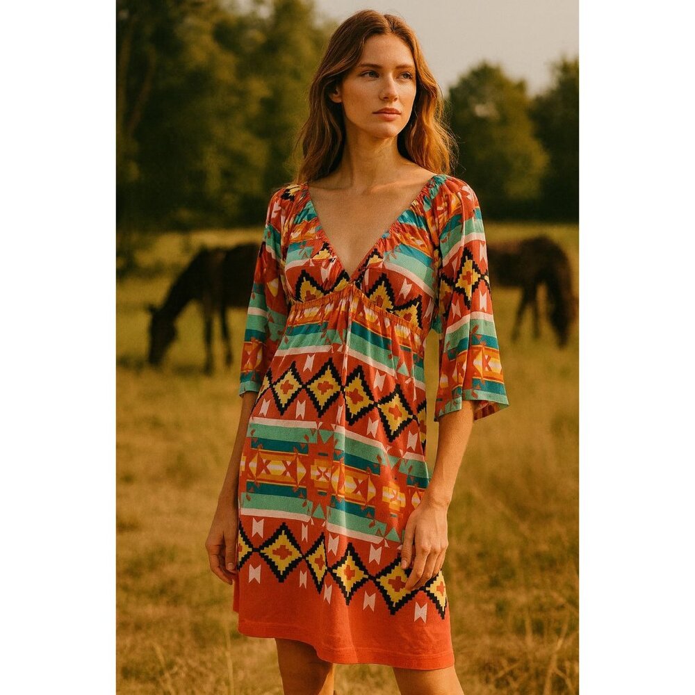 Boho‎ Chic V-Neck Tribal Print Mini Dress With 3/4 Sleeves & Empire Waist - Picture 2 of 12